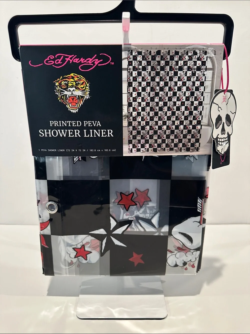NWT Ed Hardy Printed Peva Black, White & Red Skull Shower Liner.